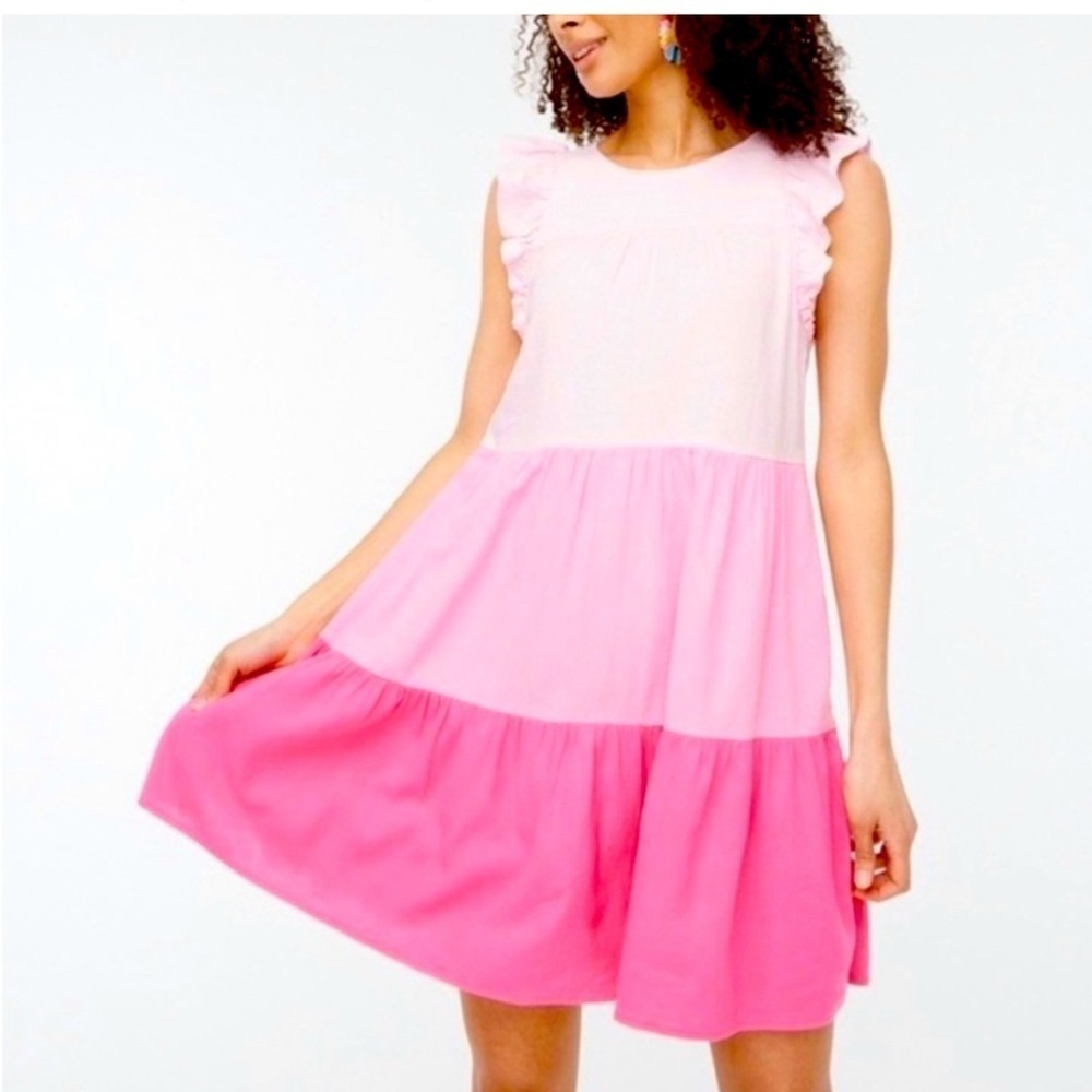 J Crew Linen Blend Ruffle sleeve tiered mini dress